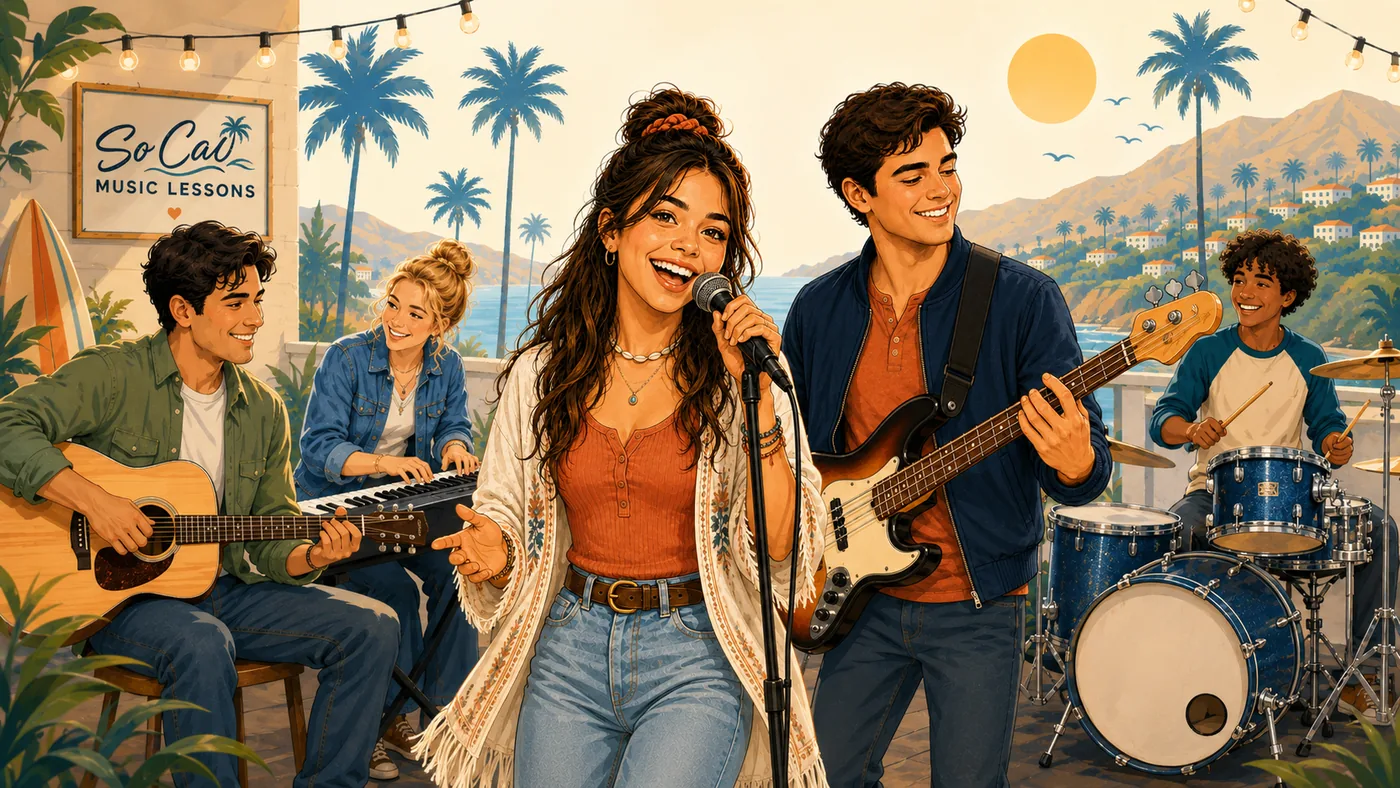 A So Cal Music Lessons ensemble mid-song: acoustic guitar, keyboard, a singer at the microphone, electric bass and a drummer, under string lights above the ocean