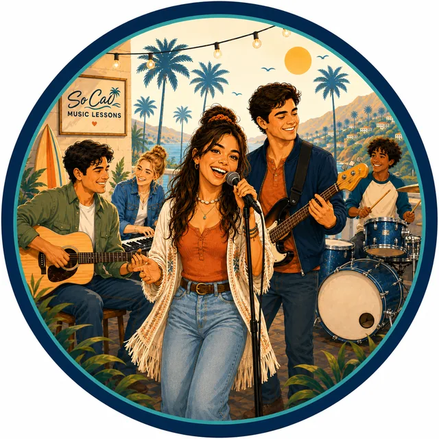 Illustration of a So Cal Music Lessons ensemble — guitar, keys, vocals, bass and drums playing together on a patio above the coast