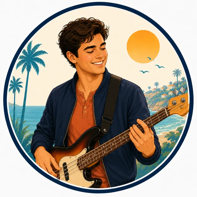 Illustration of a So Cal Music Lessons bass instructor playing an electric bass by the ocean