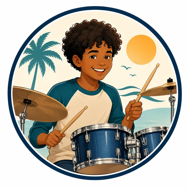 Illustration of a young So Cal Music Lessons drum student playing a blue drum kit