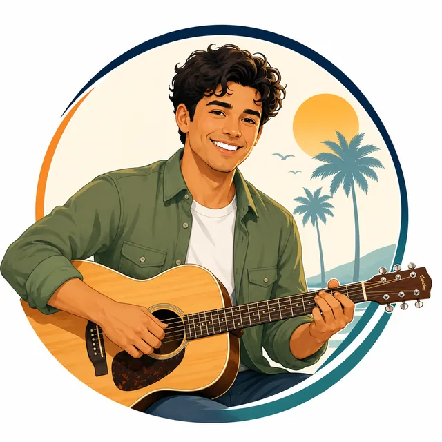 Illustration of a So Cal Music Lessons guitar instructor playing an acoustic guitar by the coast