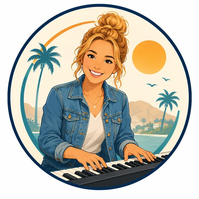 Illustration of a So Cal Music Lessons piano instructor at a keyboard
