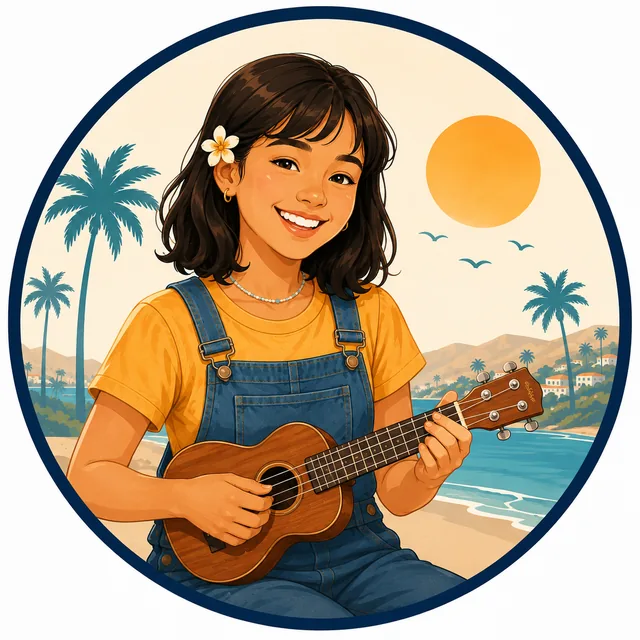 Illustration of a young So Cal Music Lessons ukulele student playing on the beach