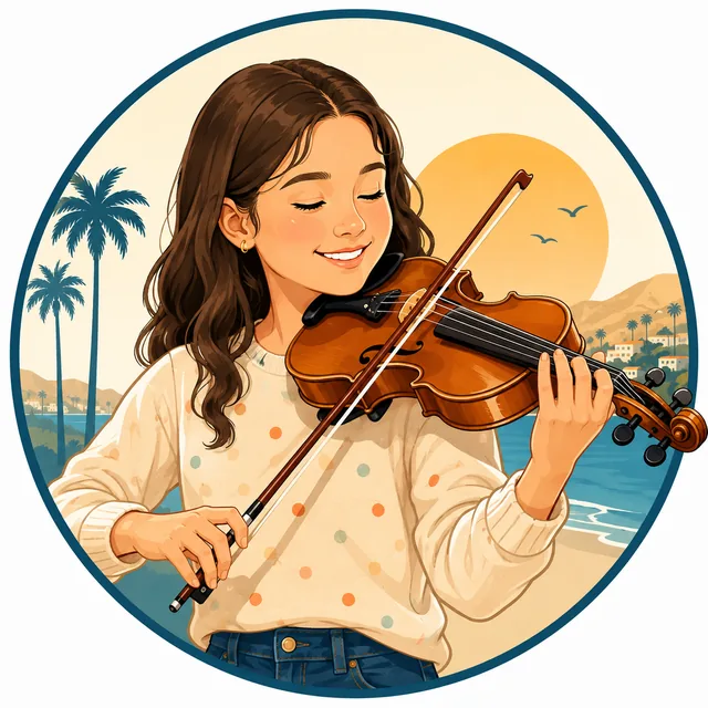 Illustration of a So Cal Music Lessons violin student playing beside the ocean