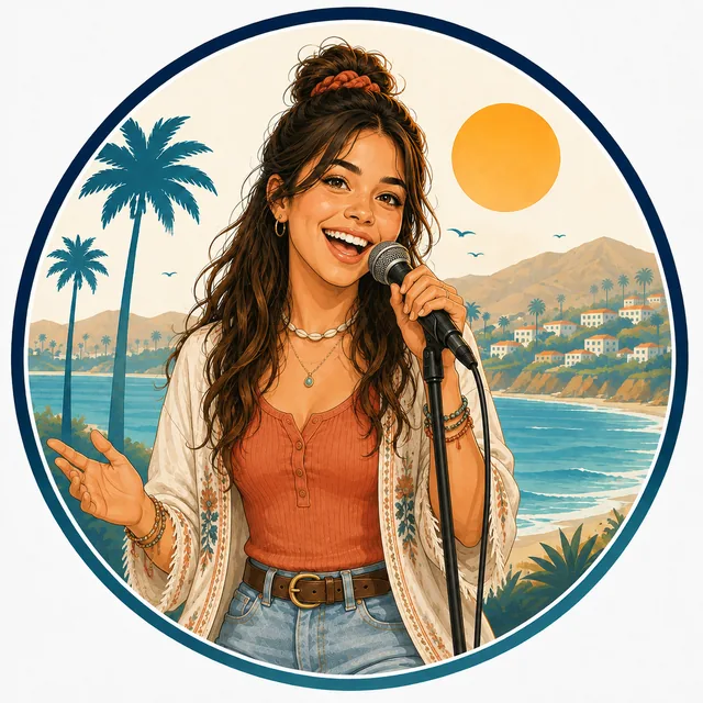 Illustration of a So Cal Music Lessons voice student singing into a microphone above the coast